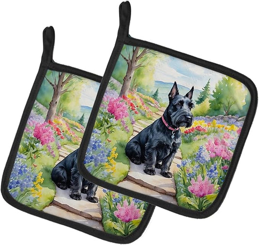 Caroline's Treasures Scottish Terrier Spring Path Pair of Pot Holders Kitchen Heat Resistant Pot Holders Sets Oven Hot Pads for Cooking Baking BBQ, 7 1/2 x 7 1/2