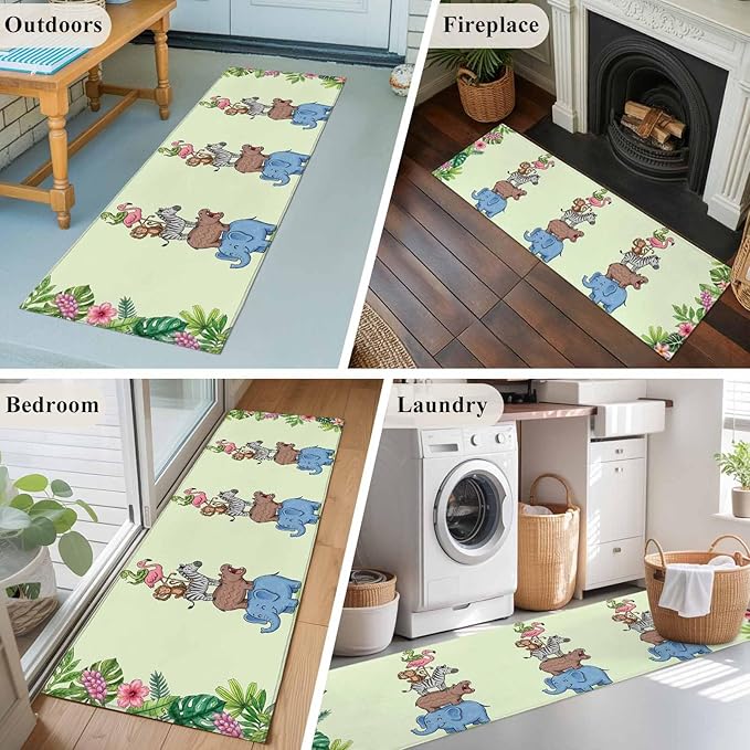 Runner Rug for Bedroom Hallway, Funny Elephant Zebra Flamingo Kitchen Runner Rugs Area Rug 2x6ft, Tropical Leaves Floral Washable Soft Floor Carpet for Entryway Stair