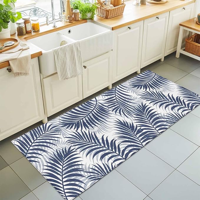 Runner Rug for Bedroom Hallway, Abstract Navy Blue Palms Leaves Kitchen Runner Rugs Area Rug 2x6ft, Summer Botantical Washable Soft Floor Carpet for Entryway Stair