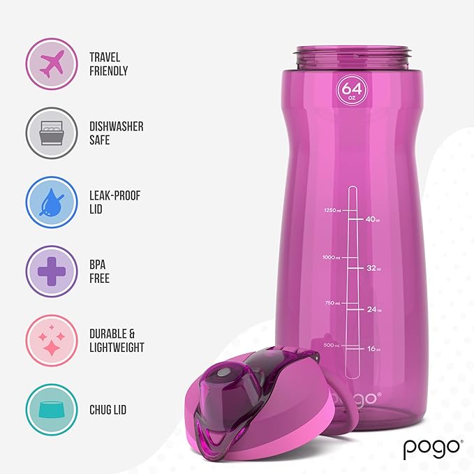 Pogo Plastic Water Bottle with Chug Lid and Carry Handle, Reusable, BPA Free, Dishwasher Safe, Perfect for Travel, School, Outdoors, and Gym | 18oz, 32oz, 40oz, 64oz