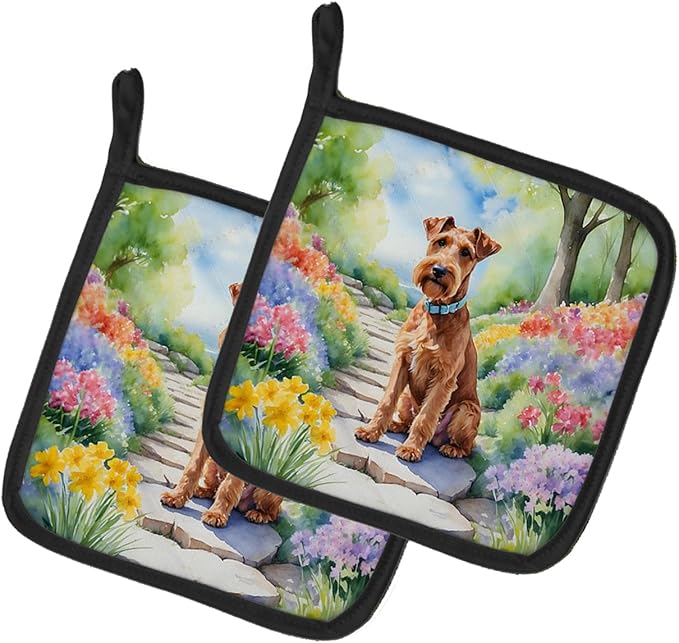 Caroline's Treasures Irish Terrier Spring Path Pair of Pot Holders Kitchen Heat Resistant Pot Holders Sets Oven Hot Pads for Cooking Baking BBQ, 7 1/2 x 7 1/2