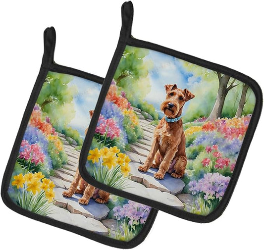 Caroline's Treasures Irish Terrier Spring Path Pair of Pot Holders Kitchen Heat Resistant Pot Holders Sets Oven Hot Pads for Cooking Baking BBQ, 7 1/2 x 7 1/2