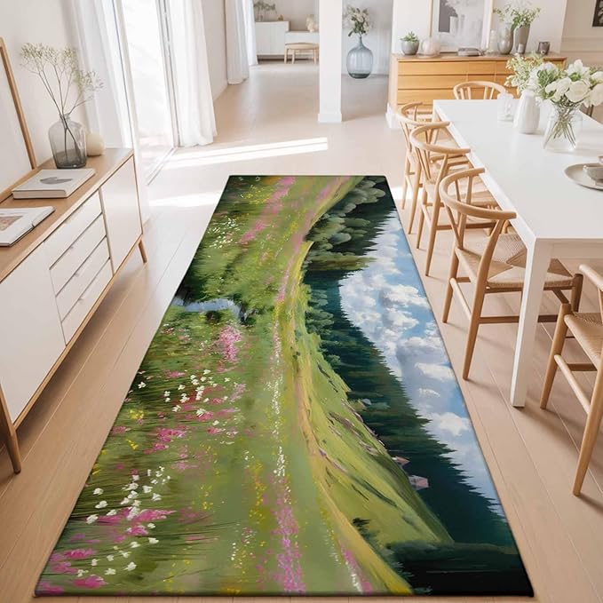 Runner Rug for Bedroom Hallway, Watercolor Flowers Leaves Forest Meadow Kitchen Runner Rugs Area Rug 2x6ft, Oil Paint Texture Washable Soft Floor Carpet for Entryway Stair