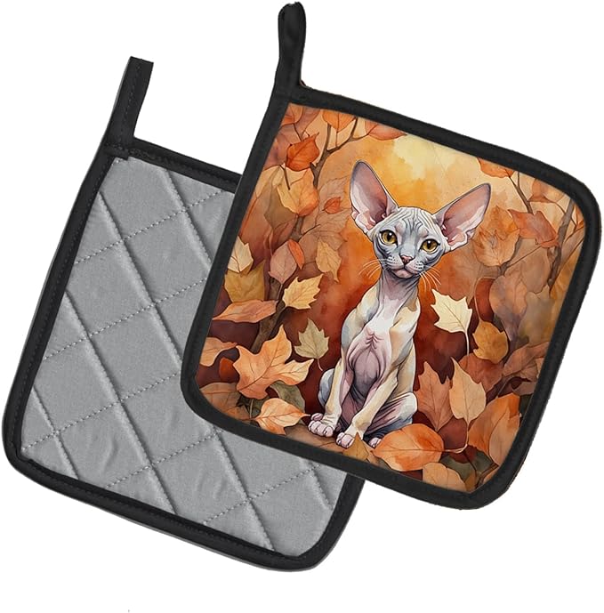 Caroline's Treasures Minskin Cat in Fall Leaves Pair of Pot Holders Kitchen Heat Resistant Pot Holders Sets Oven Hot Pads for Cooking Baking BBQ, 7 1/2 x 7 1/2