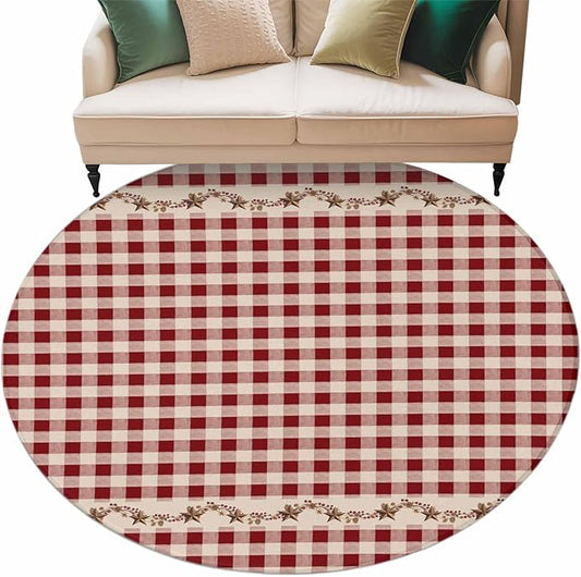 Washable Round Area Rug Vintage Red Buffalo Plaid Berry Circle Rugs Floor Carpet for Living Room Bedroom, Farmhouse Western Star Soft Non Slip Round Rug 5ft