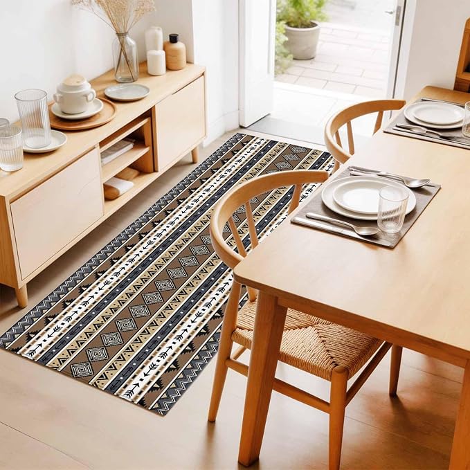 Runner Rug for Bedroom Hallway, Boho Tribal Stripes Kitchen Runner Rugs Area Rug 2x6ft, Ethnic Borders Arrow Motifs Washable Soft Floor Carpet for Entryway Stair