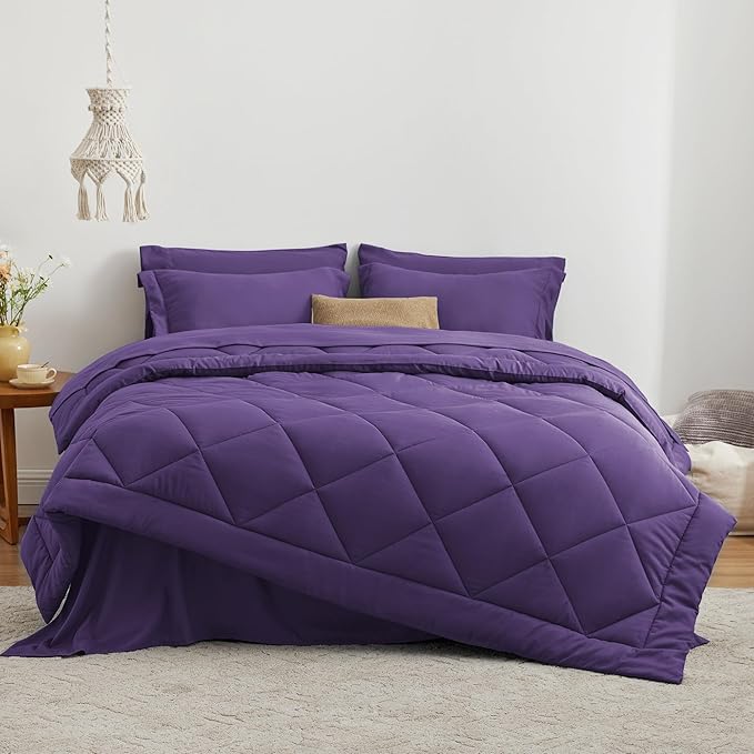 Love's cabin California King Comforter Set Purple, 7 Pieces California King Bed in a Bag, All Season Bedding Sets with 1 Comforter, 1 Flat Sheet, 1 Fitted Sheet, 2 Pillowcase and 2 Pillow Sham | Soft, Breathable, Lightweight, Comfortable