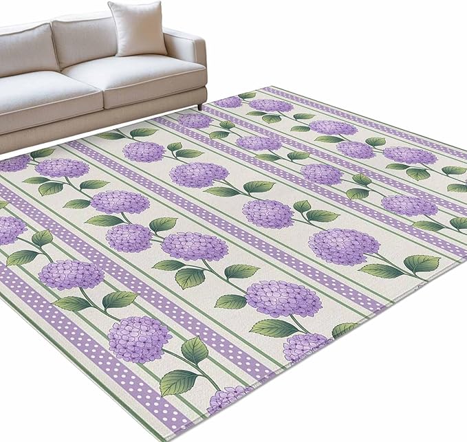 Area Rug 4x6ft, Watercolor Hydrangea Flower Washable Rugs for Living Room Bedroom, Spring Floral Leaves on Linen Soft Non-Slip Area Rugs Rectangle Floor Carpet for Dining Room