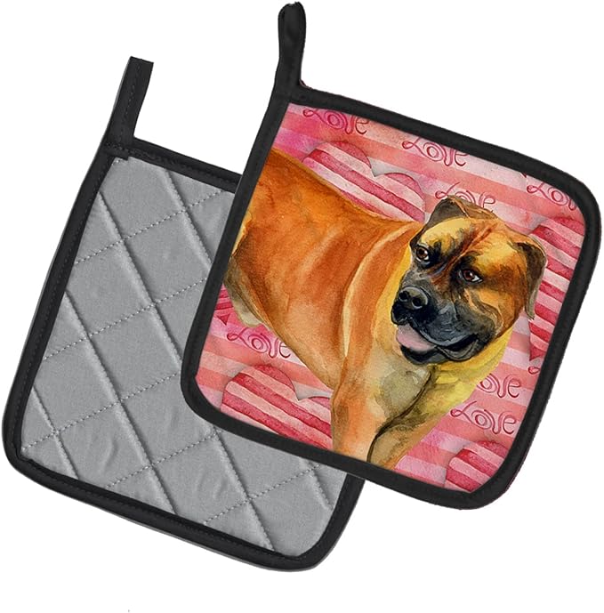 Caroline's Treasures BB9733PTHD Boerboel Mastiff Love Pair of Pot Holders, Red Kitchen Heat Resistant Pot Holders Sets Oven Hot Pads for Cooking Baking BBQ, 7 1/2 x 7 1/2