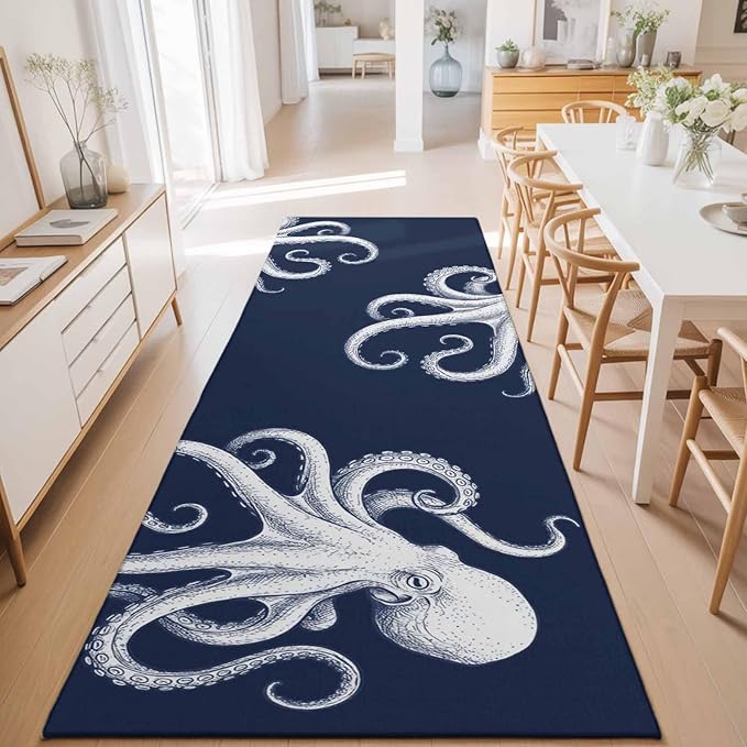 Runner Rug for Bedroom Hallway, Underwater Ocean Giant Octopus Kitchen Runner Rugs Area Rug 2x6ft, Navy Blue White Marine Life Washable Soft Floor Carpet for Entryway Stair