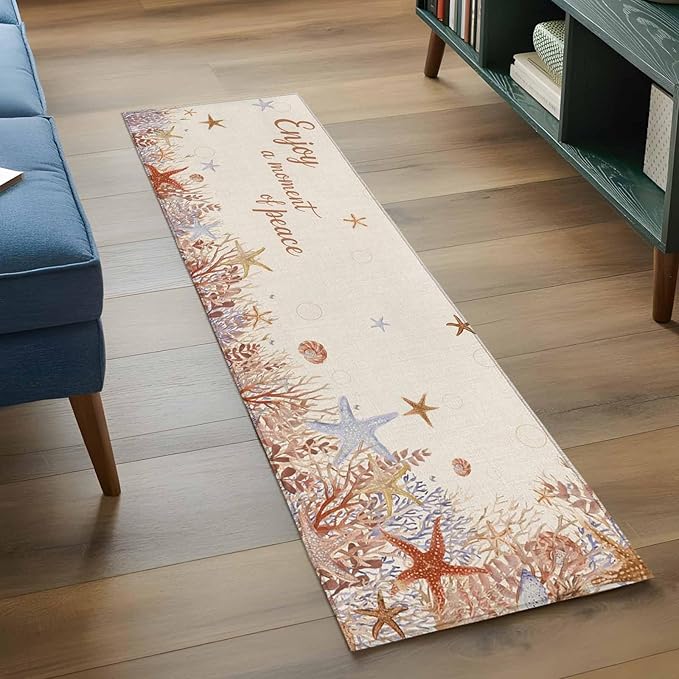 Runner Rug for Bedroom Hallway, Orange Marine Starfish Coral Seaweed Kitchen Runner Rugs Area Rug 2x6ft, Peace Quote on Linen Washable Soft Floor Carpet for Entryway Stair