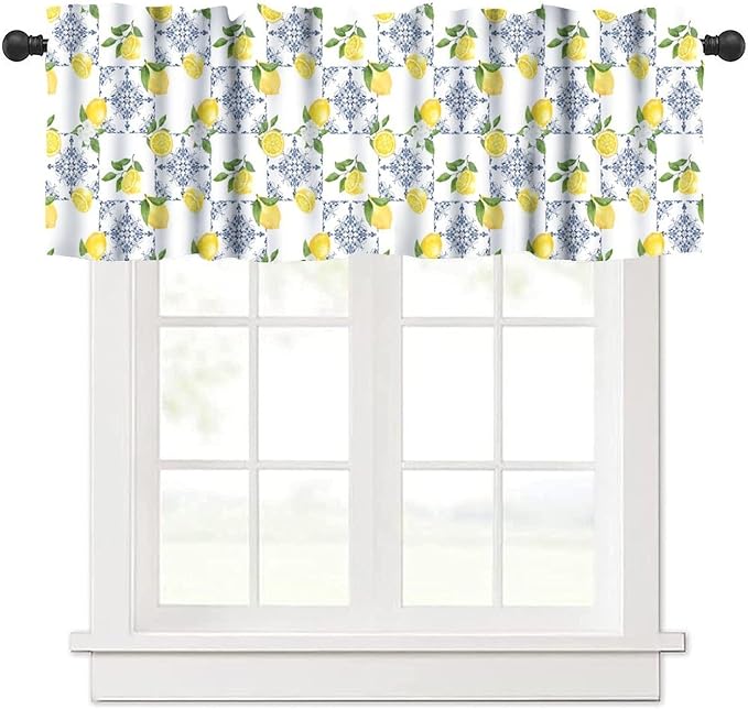 Lemon Floral Curtain Valance, Blue White Tile Farmhous Rustic Short Window Drapes for Kitchen Dining Room Bedroom Living Room Resturant Home Decoration, 54x18Inch