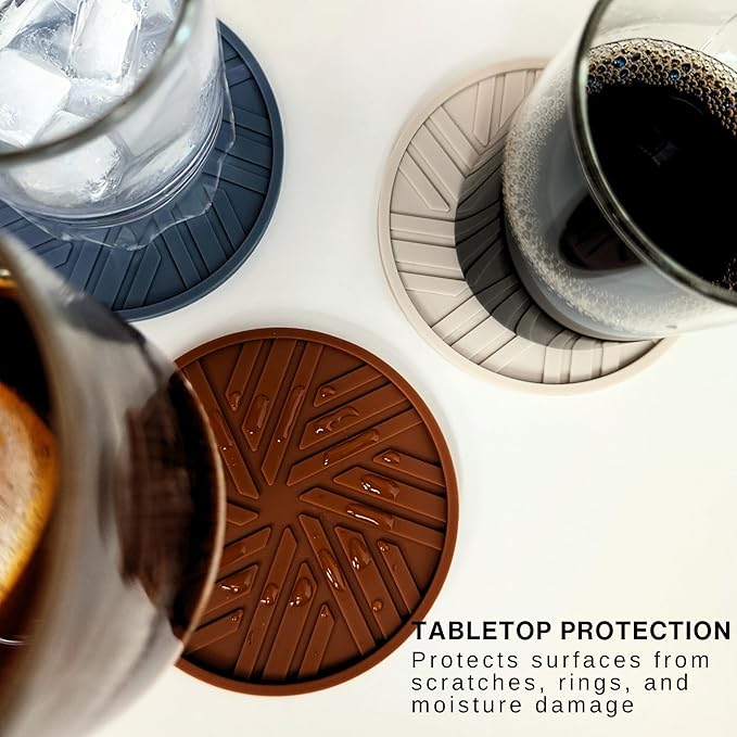 Silicone Coasters for Drinks -Set of 6 - with smart, Modern, Groove Patterns & Gold Holder - Protection Your Vintage Coffee Table from Condensation Cups, Home Office Decor