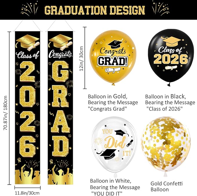 Graduation Decorations Class of 2026 - Black and Gold Graduation Party Supplies Include Backdrop, Banner, Hanging Swirls, Porch Sign, Balloons for Congrats Grad Decorations