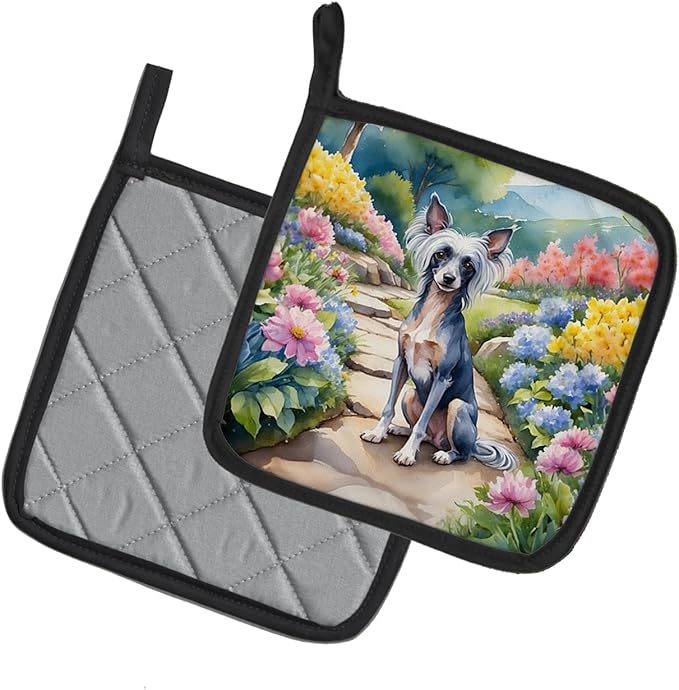 Caroline's Treasures Chinese Crested Spring Path Pair of Pot Holders Kitchen Heat Resistant Pot Holders Sets Oven Hot Pads for Cooking Baking BBQ, 7 1/2 x 7 1/2