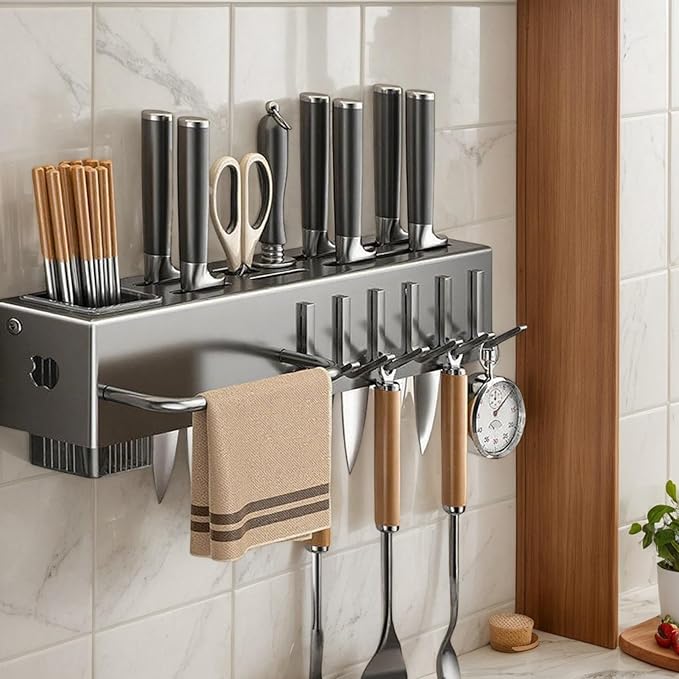 Wall Utensil Rack, Hanging Cutlery Organizer, Storage Kitchen Fixture, No-Borer Hook Hanger, Cooking Tool Spatula Spoon Holder, Home Accessory for Towel, Pan, Pot