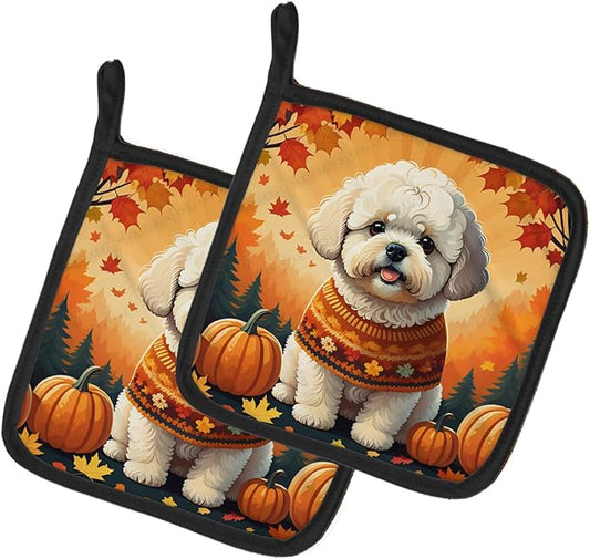 Caroline's Treasures DAC1020PTHD Bichon Frise Fall Pair of Pot Holders Kitchen Heat Resistant Pot Holders Sets Oven Hot Pads for Cooking Baking BBQ, 7 1/2 x 7 1/2