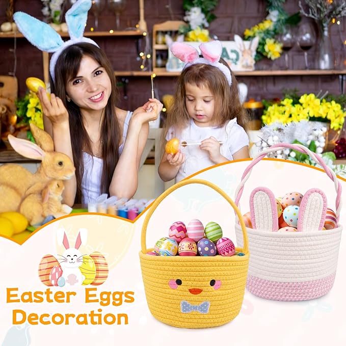 Easter Basket, Easter Baskets for Kids,Empty Chick Woven Rope Cotton for Eggs,Easter Egg Hunt Storage Bin with Handle, Baby Nursery Candy for Toddler, Boys and Girls, 9''×12''