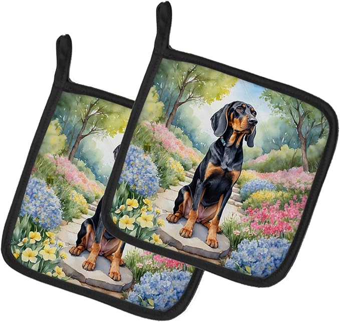 Caroline's Treasures Black and Tan Coonhound Spring Path Pair of Pot Holders Kitchen Heat Resistant Pot Holders Sets Oven Hot Pads for Cooking Baking BBQ, 7 1/2 x 7 1/2