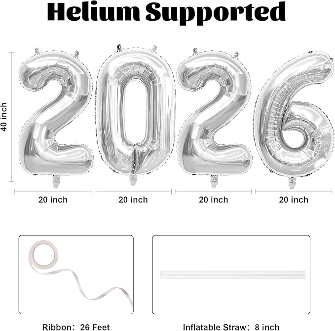 40 Inch 2026 Balloons Silver Foil Number Balloons for 2026 New Year Festival Celebration or Birthday Party Supplies Decorations,New Years Balloon 2026, New Years Eve Balloon