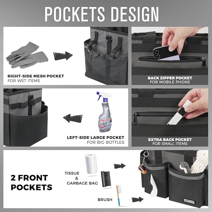 SCAVATA Compact Wearable Cleaning Caddy, Small Cleaning Caddy Supplies Organizer with Handle & Shoulder Straps for Housekeepers, Under Sink & Car Cleaning Tool Organizers Bag (DarkGrey)