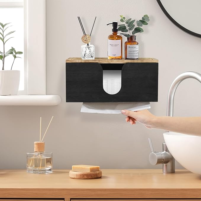 2 Pack Solid Wood Paper Towel Dispenser Wall Mounted, Folded Paper Towel Holder with Lid, Commercial C-Fold, Z-Fold, Trifold Hand Paper Towel Holder Dispenser for Bathroom Kitchen Office
