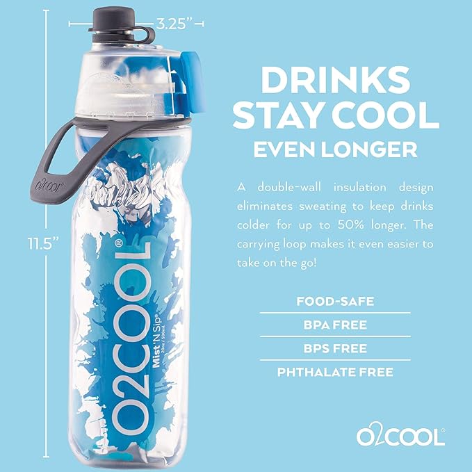 O2COOL Mist 'N Sip Misting Water Bottle 2-in-1 Mist And Sip Function With No Leak Pull Top Spout Reusable Sports Water Bottle - 20 oz (Graffiti Green)