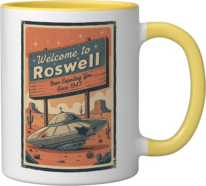 Roswell UFO Retro Tourism Souvenir Flying Saucer Crash Alien Ceramic Mug, Yellow/White