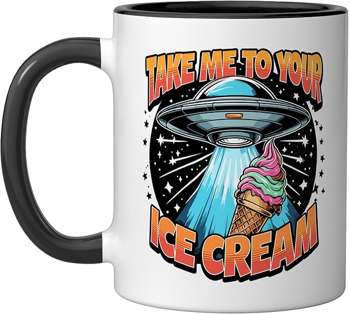 Take Me to Your Ice Creams UFO Abduction Funny Ice Cream Ceramic Mug, Black/White