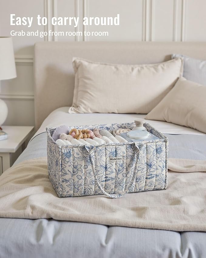Quilted Fabric Storage Basket Floral Baby Diaper Caddy Quilted Basket Organizer for Newborn Nursery Bedroom Car Storage