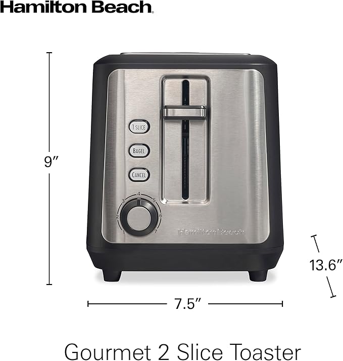 Hamilton Beach Gourmet 2 Slice Slot Toaster with Extra Long & Wide Slots,Sure-Toast Technology,Shade Selector with 7 Browning Levels,Bagel Setting,Matte Black and Stainless Steel (22996),(Pack of 2)
