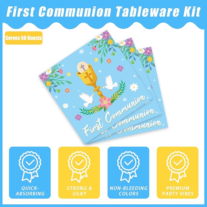 200Pcs Blue Baptism Plates and Napkins, First Holy Communion Party Decorations Supplies for Boys God Bless Christening Celebration Party Baby Shower Disposable Tableware Set, Serves 50