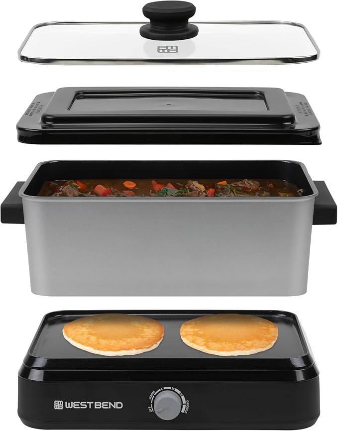 West Bend Versatility Slow Cooker Large Capacity Non-stick Cooking Vessel & Variable Temperature Heating Base Includes Travel Lid and Storage Bag, Range and Oven-Safe Cooking Pot, 5-Quart, Silver