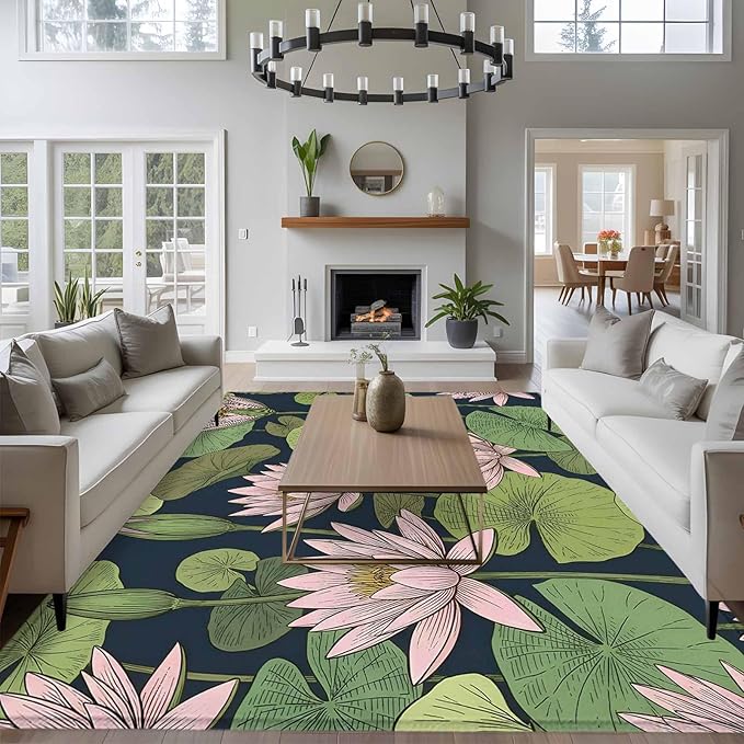 Area Rug 9x12ft, Pink Lotus Water Lily Dark Green Leaves Washable Rugs for Living Room Bedroom Rectangle Floor Carpet, Oriental Style Soft Non-Slip Area Rugs for Dining Room