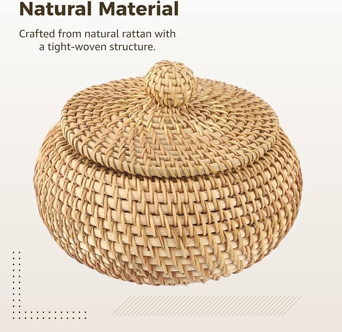 ZALIR Round Rattan Basket with Lid, Small Handmade Woven Storage Basket, Decorative Organizer Box, Vintage Rattan Tabletop Container for Keys, Candy, Sundries, 5.9 x 3.5 in