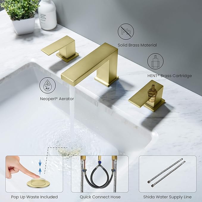 KIBI 2-Handle Cube Bathroom Sink Faucet with Drain Assembly | 3-Hole Installation, Solid Brass Construction | 8-Inch Wide Spread Lavatory Faucet | Brushed Gold Finish, KBF1024