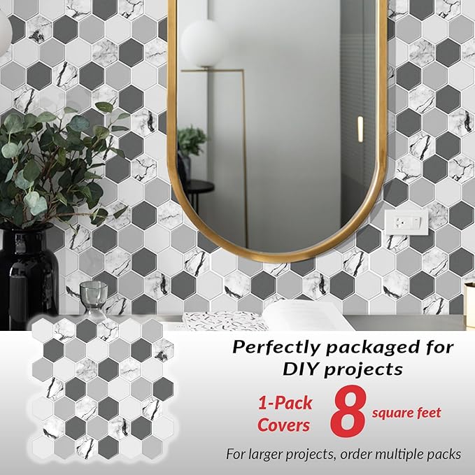 Décor Wow Peel & Stick Backsplash for Kitchen & Bathroom White & Grey Hexagon, 1 sq ft (8-Pack)