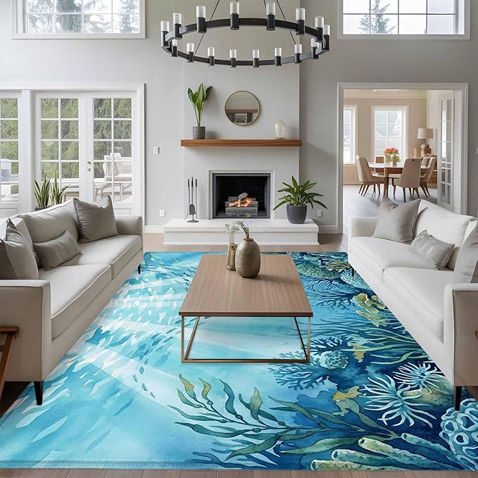Area Rug 6x9ft, Underwater World Coral Seaweed Washable Rugs for Living Room Bedroom, Seafloor Ocean Life Fish Soft Non-Slip Area Rugs Rectangle Floor Carpet for Dining Room