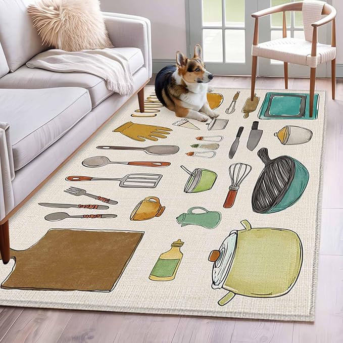 Cooking Kitchenware Kitchen Tool Pattern Rectangle Rugs 3x5ft for Living Room Washable Circle Rug Non-Slip Carpet Soft Mat for Bedroom Dining Room Bathroom Home Holiday Decorations Indoor