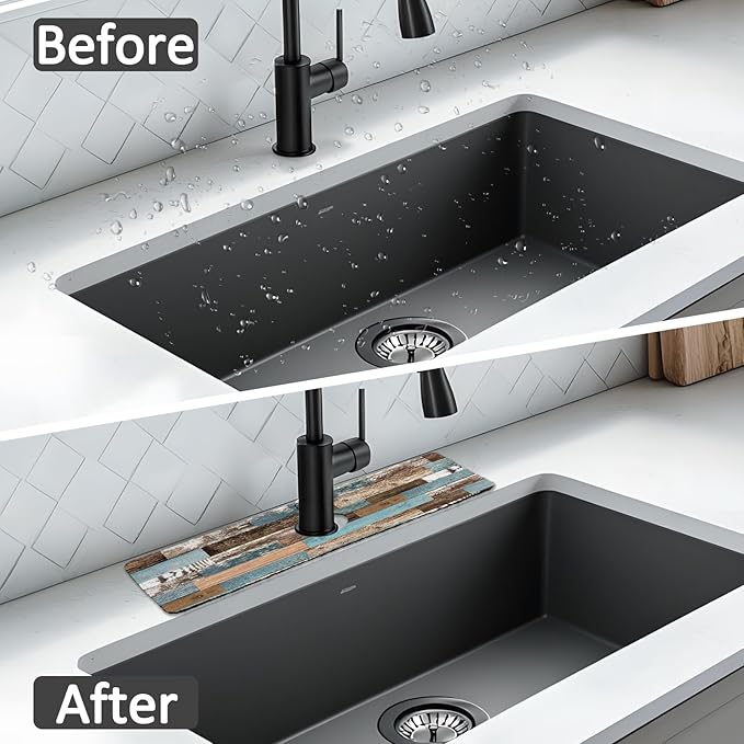 2PCS 15" X 5.5" Kitchen Sink Splash Guard Faucet Mat Wood Grain Super Absorbent Fast Drying Faucet Guard & Draining Mat Sink Splash Guard Behind Faucet for Kitchen, Bathroom