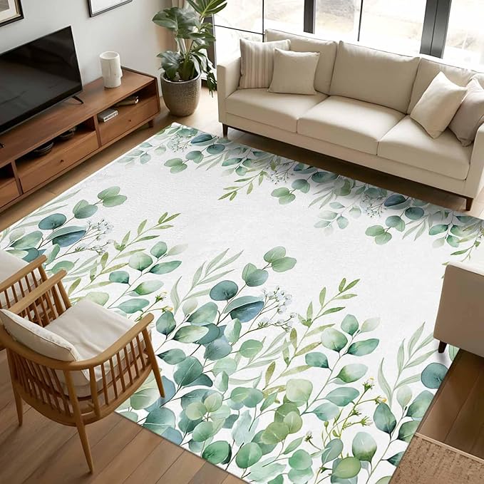 Sage Green Eucalyptus Leaves 5x8 Area Rugs, Farmhouse Botanical Non-Skid Rubber Backing Large Rectangle Rugs - Living Room Bedroom Home Office, Country Indoor Floor Mat Carpets Washable Rug