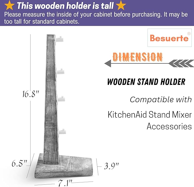 Besuerte Stand Mixer Attachment Holder, Wooden Counter Stand Holder with 4-pack Plastic Hangers Kitchen Accessories Storage Organizer Compatible with Kitchenaid Mixer Attachments for Space-saving