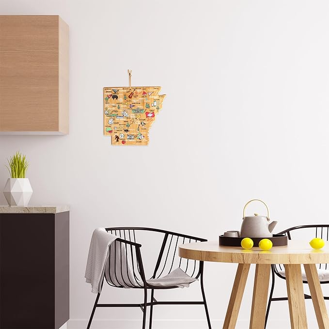 Totally Bamboo Arkansas State Shaped Cutting Board and Charcuterie Serving Platter with Artwork by Fish Kiss, Includes Hang Tie for Wall Display