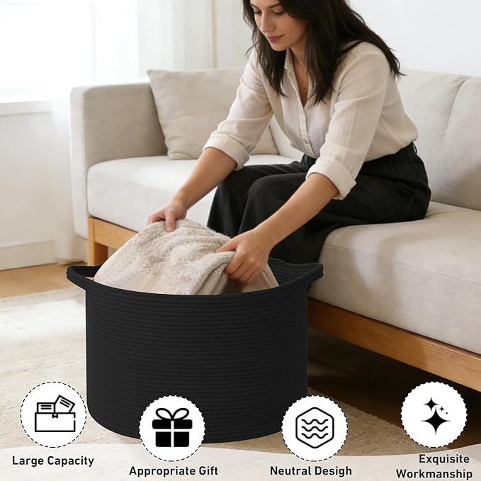 65L Large Blanket Basket,Woven Rope Laundry Basket Hamper with Handles,Decorative Nursery Basket Storage Bin for Toys, Pillows , Clothes Organizer, Living Room, Bedroom, Bathroom, Black