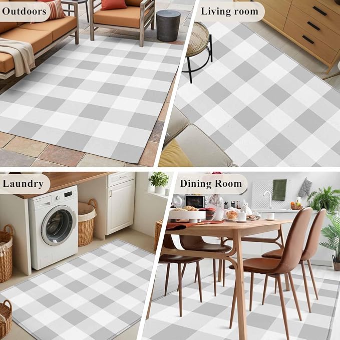Area Rug 3x5ft, Light Grey White Plaid Washable Rugs for Living Room Bedroom, Farmhouse Decoration Buffalo Check Soft Non-Slip Area Rugs Rectangle Floor Carpet for Dining Room