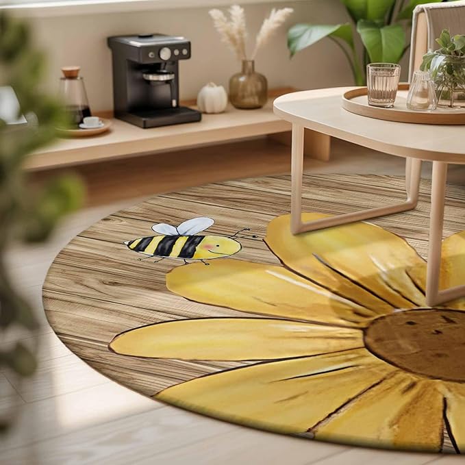 Washable Round Area Rug Summer Yellow Bee Blossom Flower Circle Rugs Floor Carpet for Living Room Bedroom, Retro Rustic Brown Wood Board Soft Non Slip Round Rug 3ft