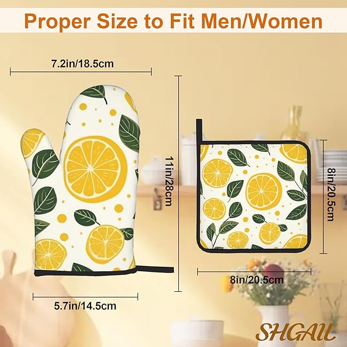 Yellow Lemon Oven Mitts and Heat Resistant Pads - Heat Resistant Gloves Potholder Set of 4 for Cooking, BBQ, Gifts for Women