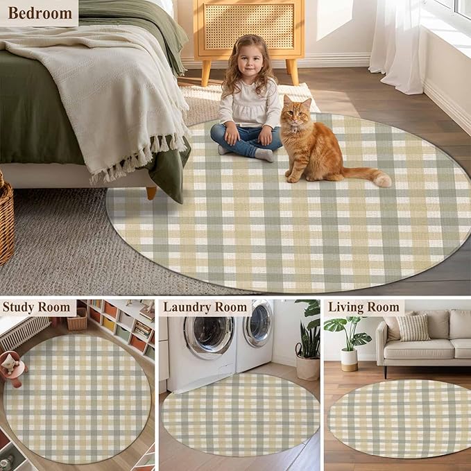 Washable Round Area Rug Farmhouse Vintage Beige Tan Buffalo Plaid Circle Rugs Floor Carpet for Living Room Bedroom, Rustic Linen Soft Non Slip Round Rug 3ft