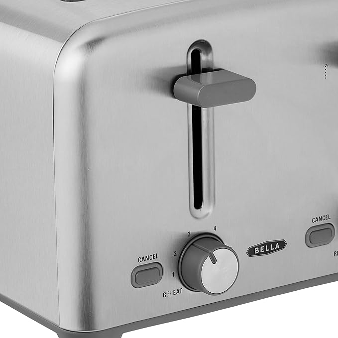 bella 4 Slice Toaster with Auto Shut Off, Extra Wide Slots and Removable Drop-Down Crumb Tray with Cancel and Reheat Function, For Texas Toast, Large Bread & Bagel, Stainless Steel