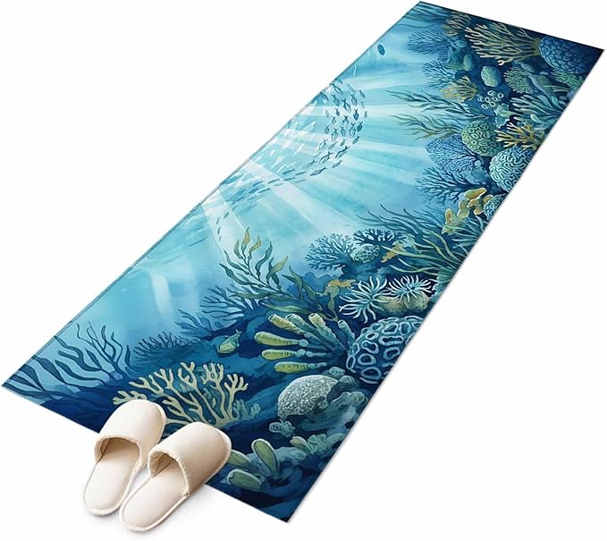 Runner Rug for Bedroom Hallway, Underwater World Coral Seaweed Kitchen Runner Rugs Area Rug 2x6ft, Seafloor Ocean Life Fish Washable Soft Floor Carpet for Entryway Stair